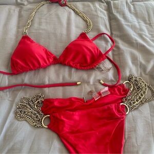 Beach Bunny Red Bikini with Gold Accents